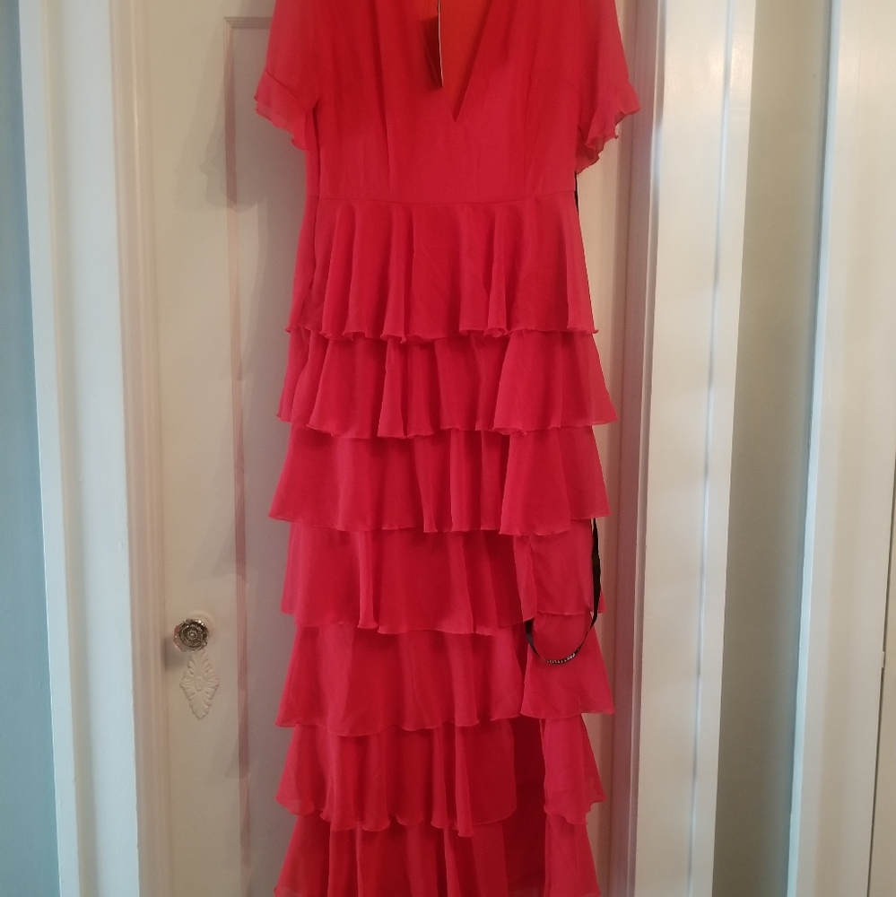 Red chiffon ruffled maxi dress/Pretty Little Thing